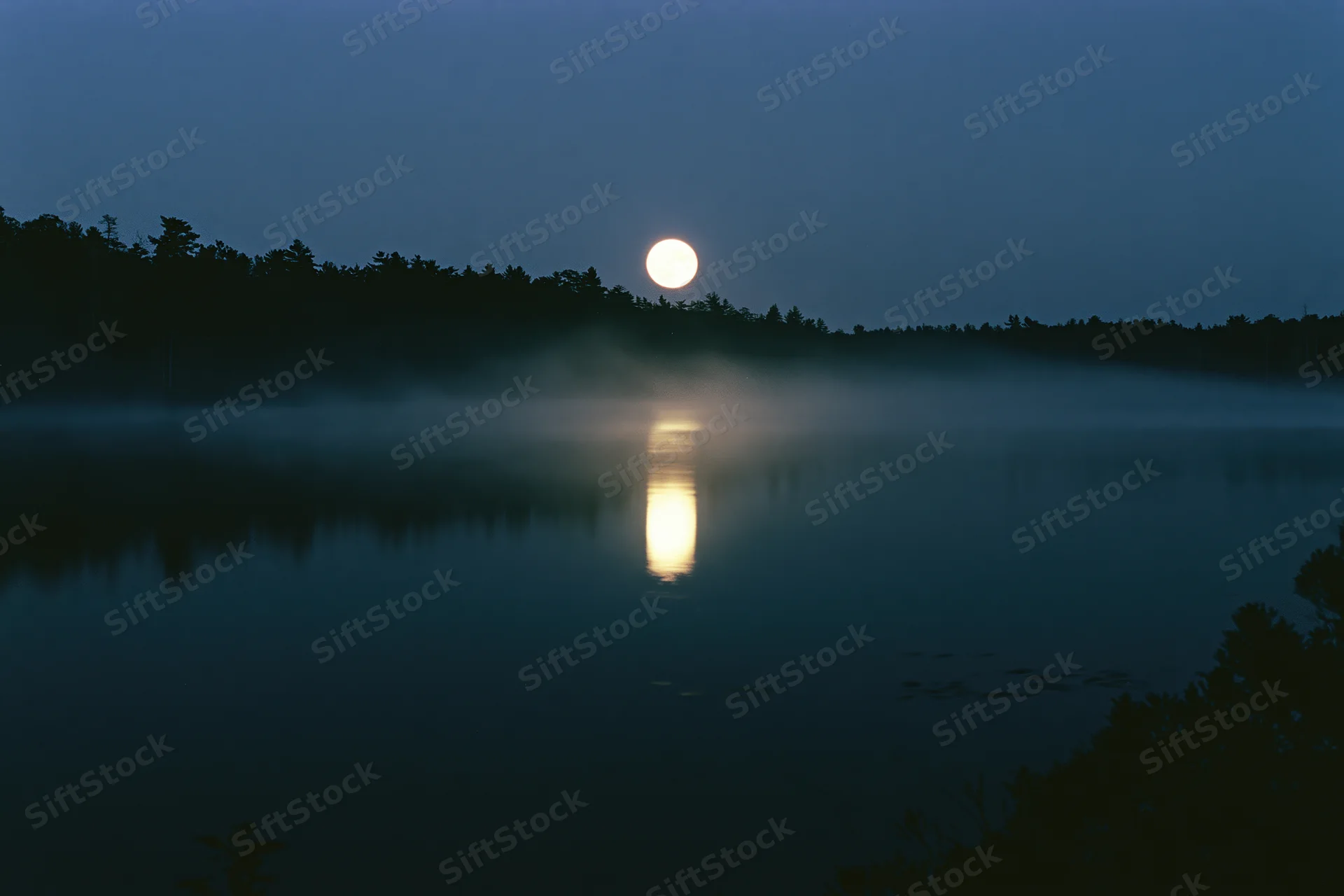 Full moon rising over still lake at night with mist and tree silhouettes