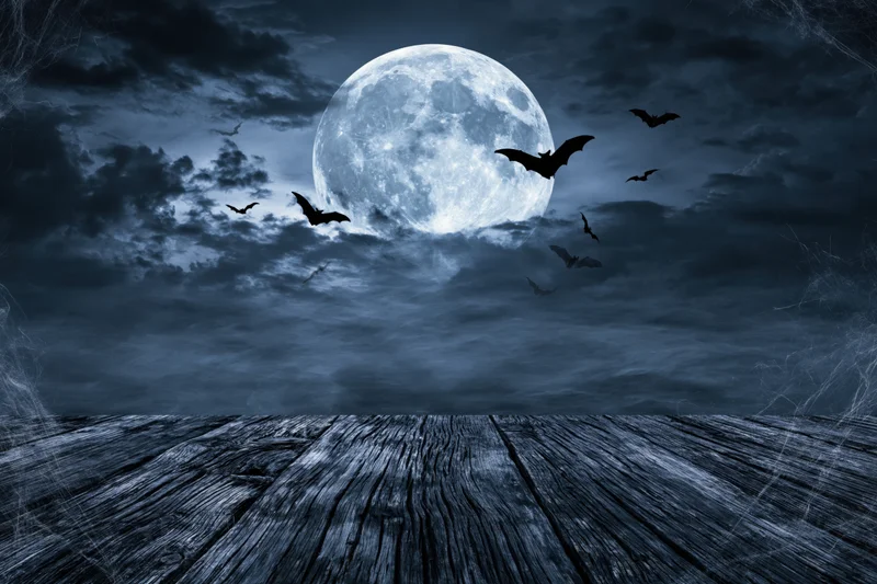 Full moon rising over misty night sky with silhouetted bats above wooden deck