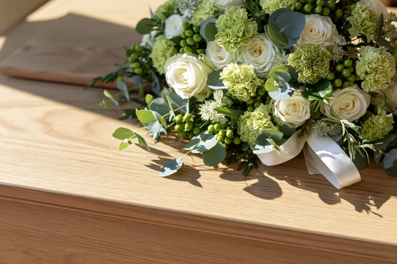Floral bouquet with white roses and greenery resting on a pale wooden coffin