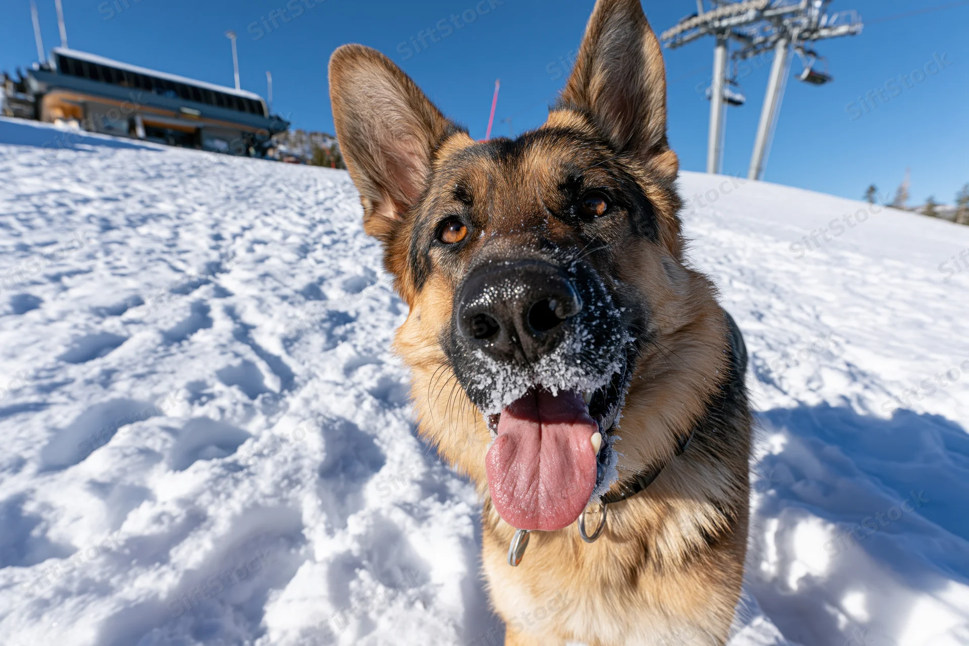 German shepherd dog panting with tongue out in deep snow at ski resort