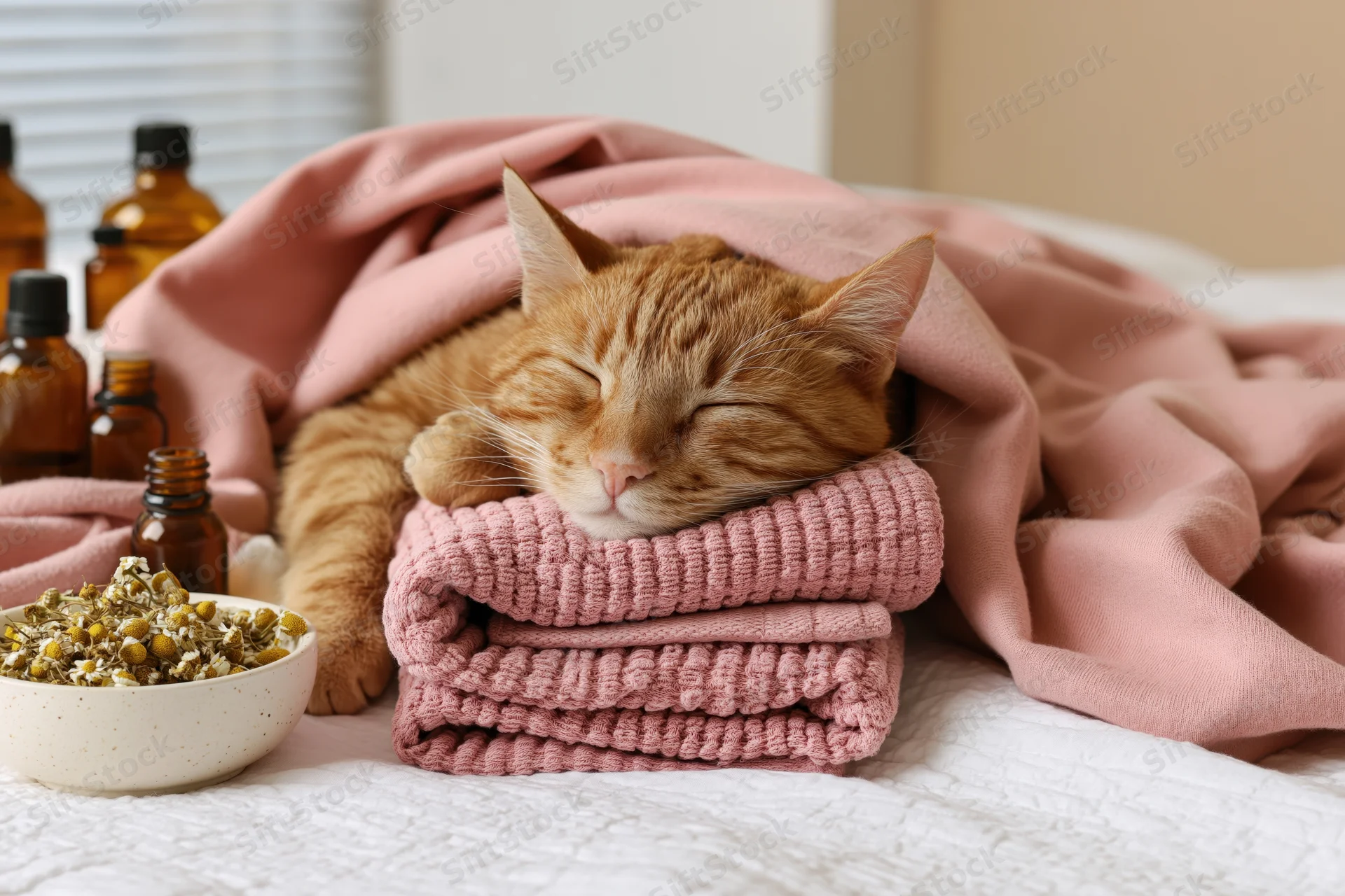 Ginger tabby cat sleeping with eyes closed head resting on folded pink knitted blanket in bed surrounded by essential oil bottles and chamomile bowl