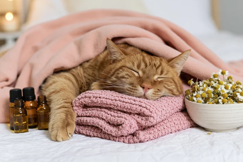 Ginger tabby cat sleeping with eyes closed, head resting on pink blanket in bed, surrounded by essential oil bottles and chamomile flowers