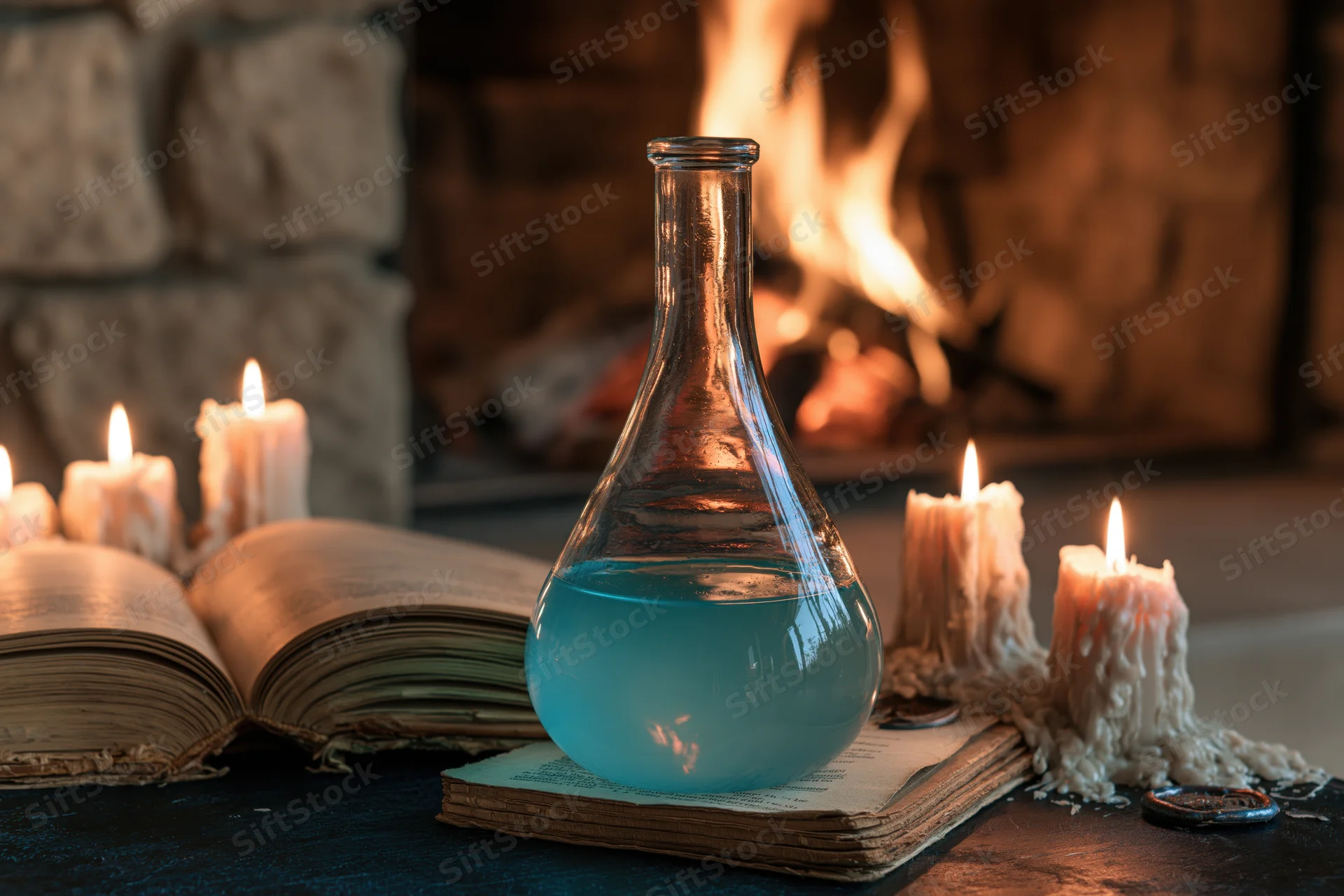 Glass alchemist flask with blue liquid on old book near candles and fireplace