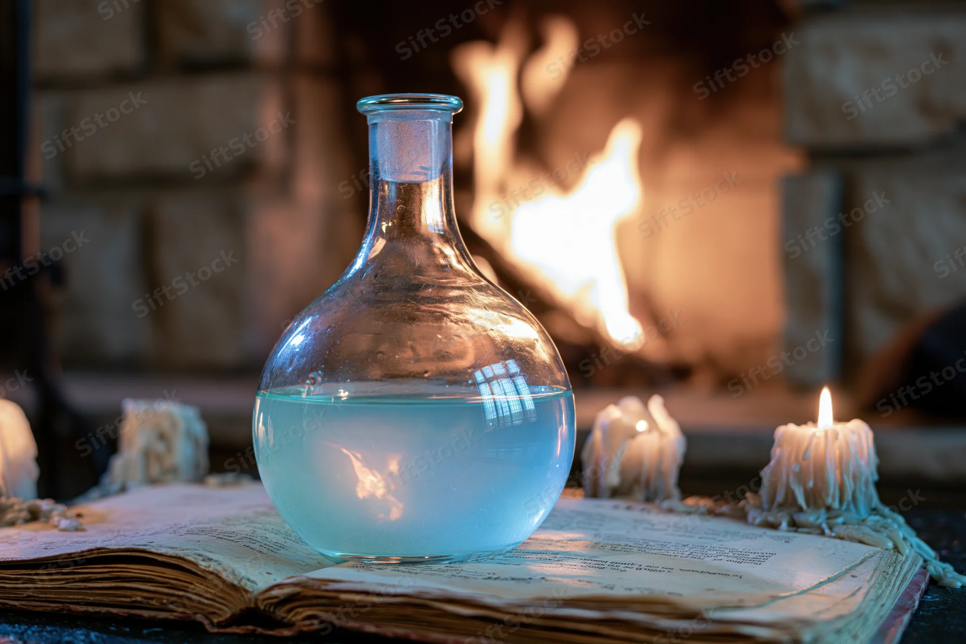 Glass alchemist flask with pale blue liquid resting on open ancient book near fireplace with candles and flames
