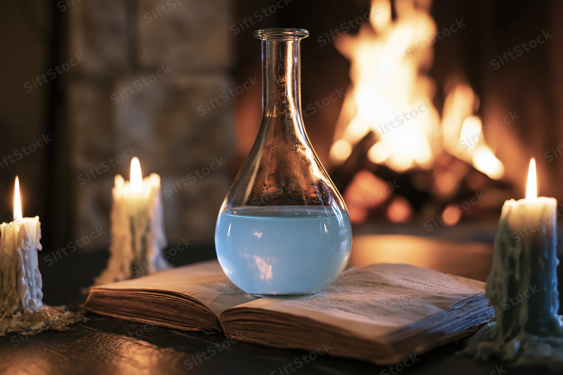 Glass alchemist flask with pale blue liquid on open book near candles and fireplace