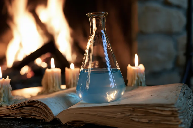 Glass flask with blue liquid resting on open ancient book by candlelight near fireplace
