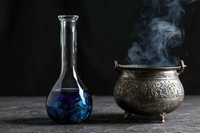 Glass flask with swirling blue liquid beside a smoking ornate metal cauldron on dark surface