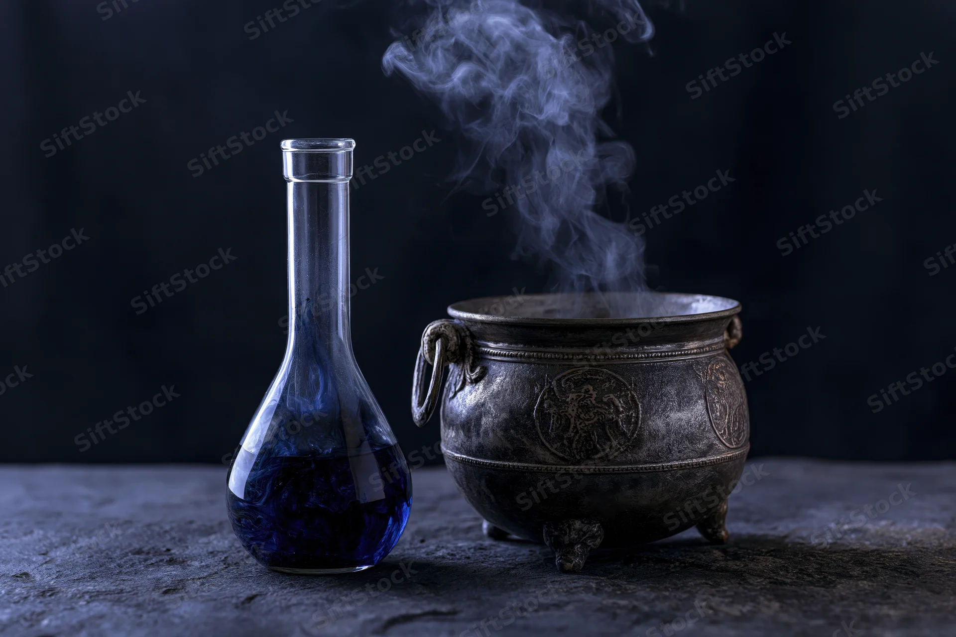 Glass flask with swirling blue liquid beside a smoking ornate metal cauldron on a dark stone surface