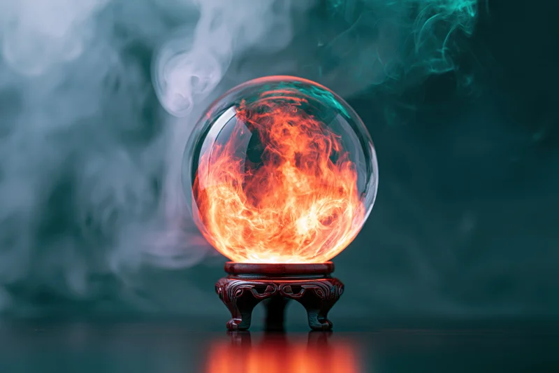Glowing crystal ball with fire and smoke on a carved wooden stand