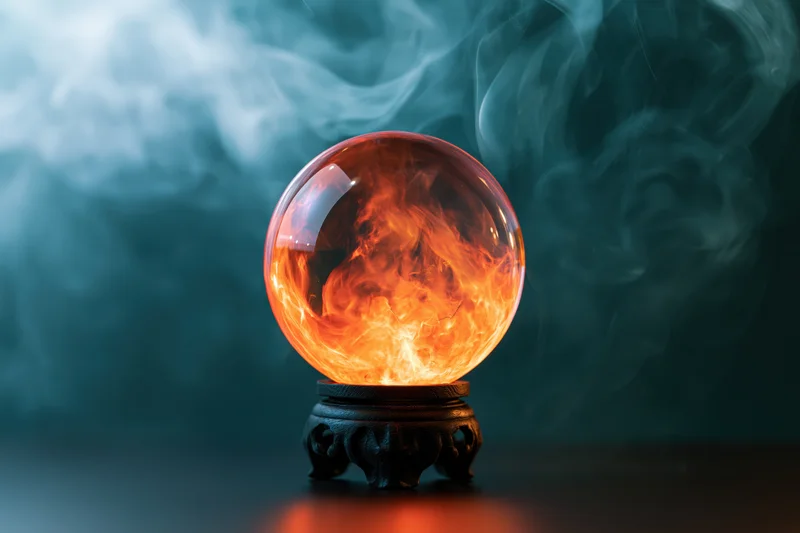 Glowing crystal ball with fiery light and swirling smoke on a carved wooden stand