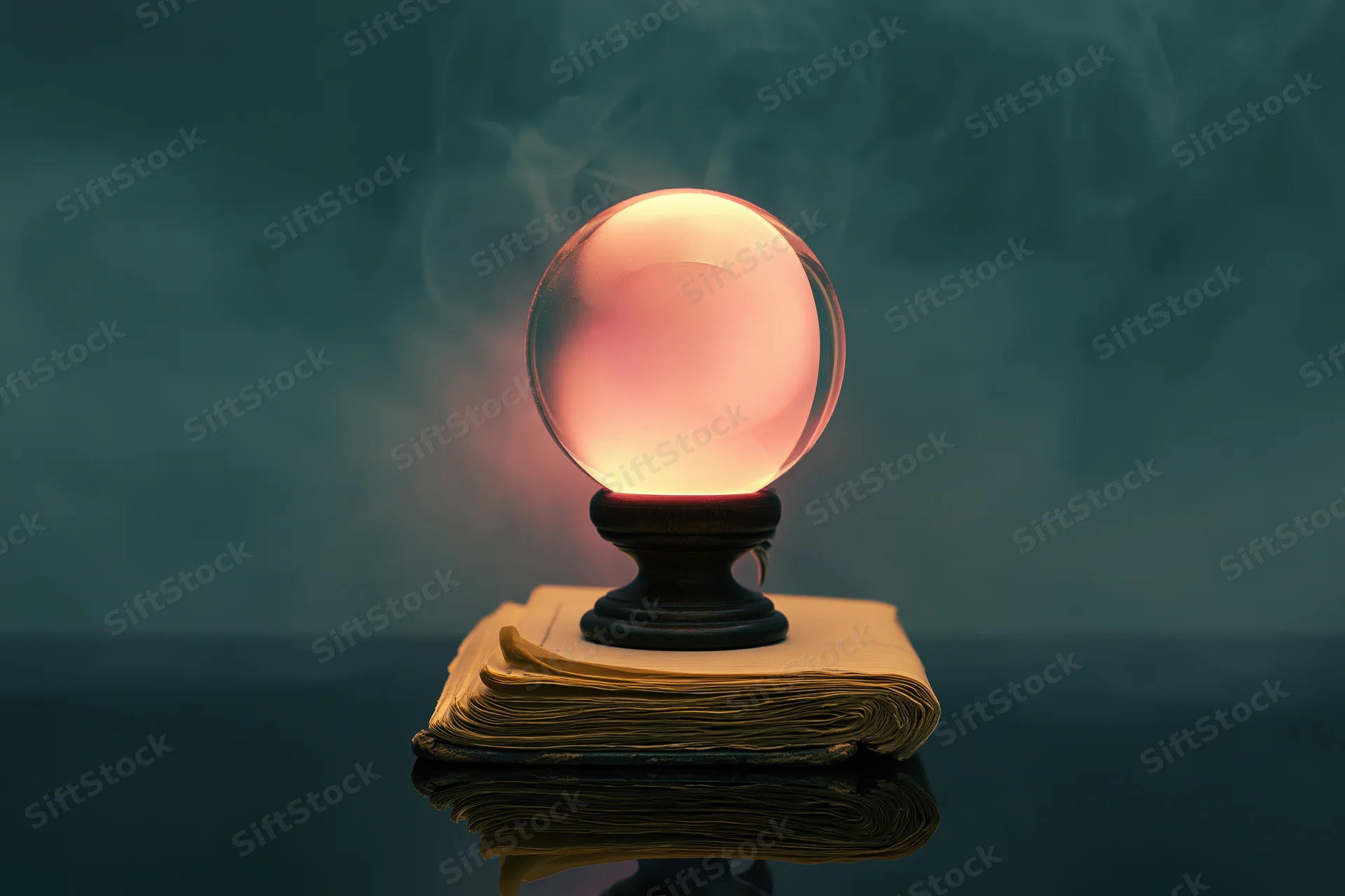 Glowing crystal ball on wooden stand atop stacked old books with smoke and reflection