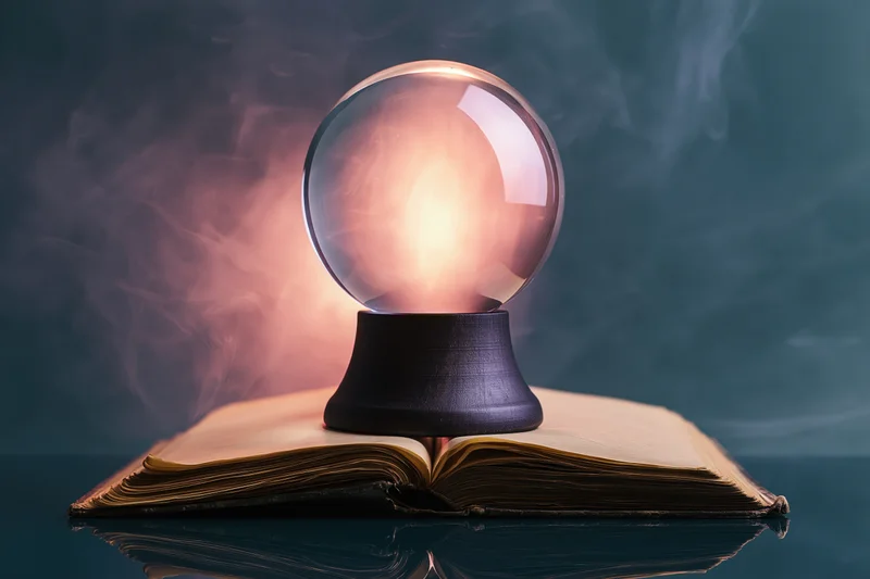 Glowing crystal ball on dark wooden stand resting atop open vintage book with smoke swirling around
