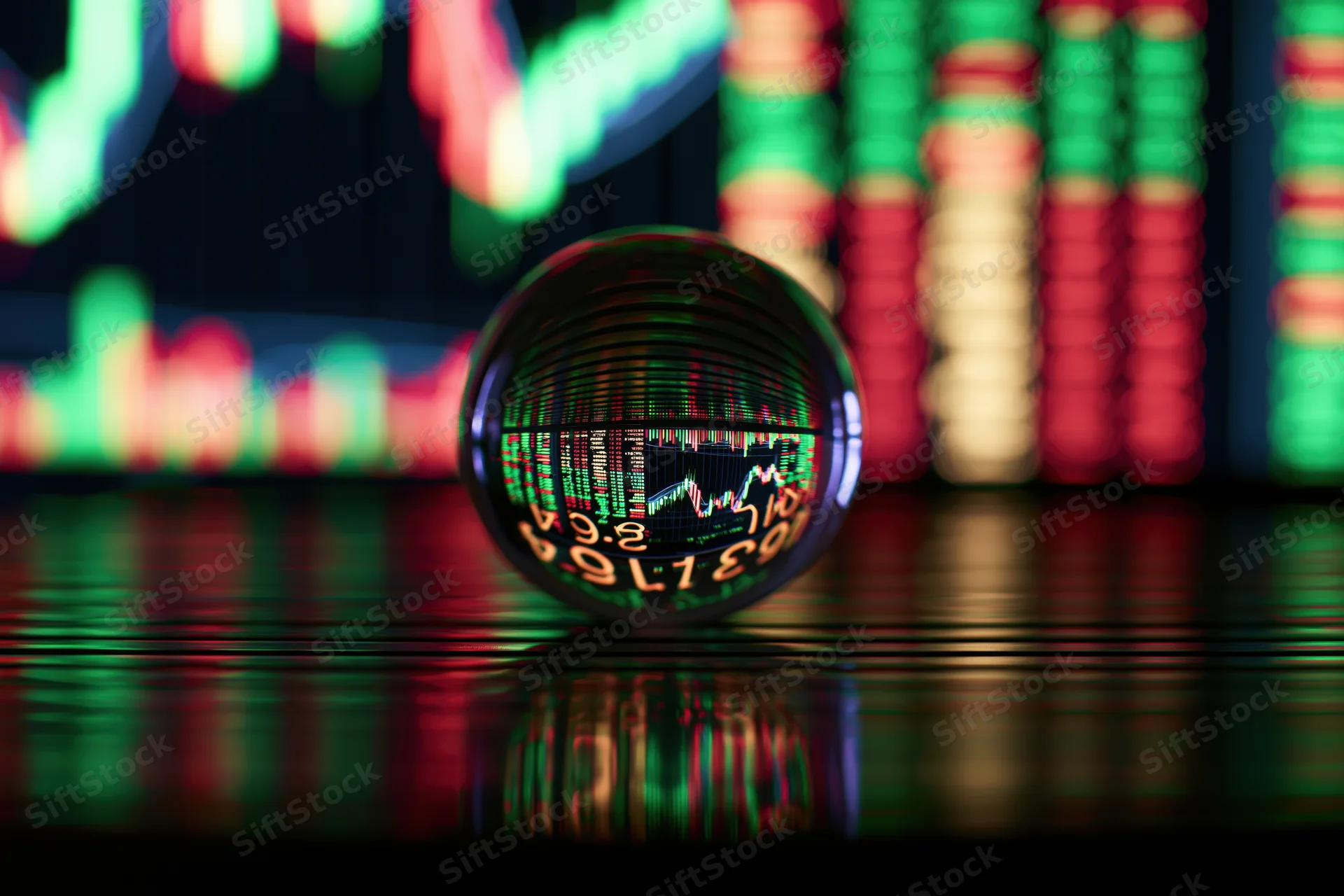 Crystal ball resting on reflective surface with stock market data displayed in background