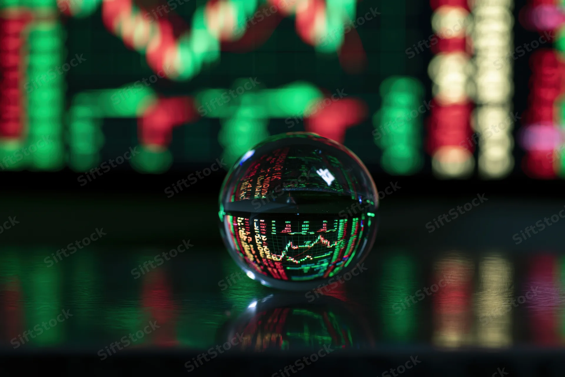Glass crystal ball reflecting stock market data on a dark glossy surface