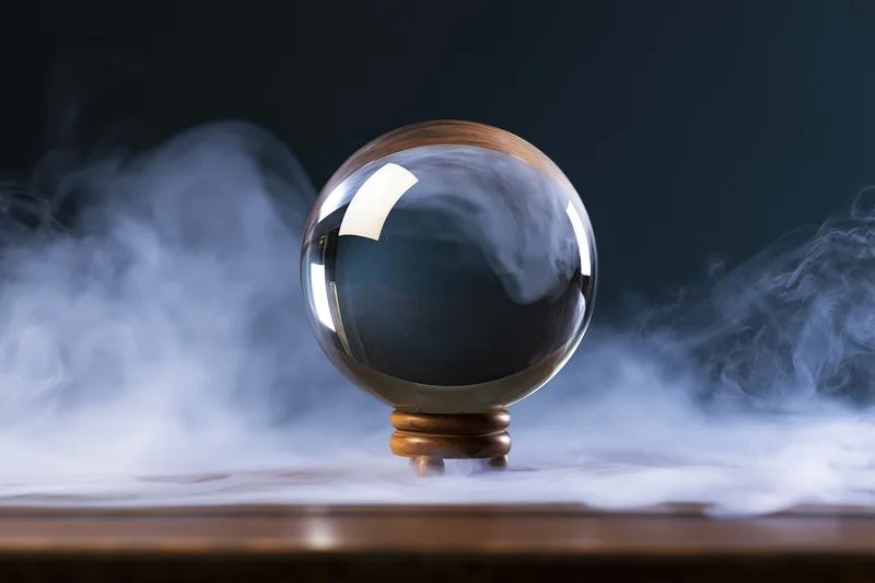 Glass crystal ball on wooden stand surrounded by swirling smoke on dark surface