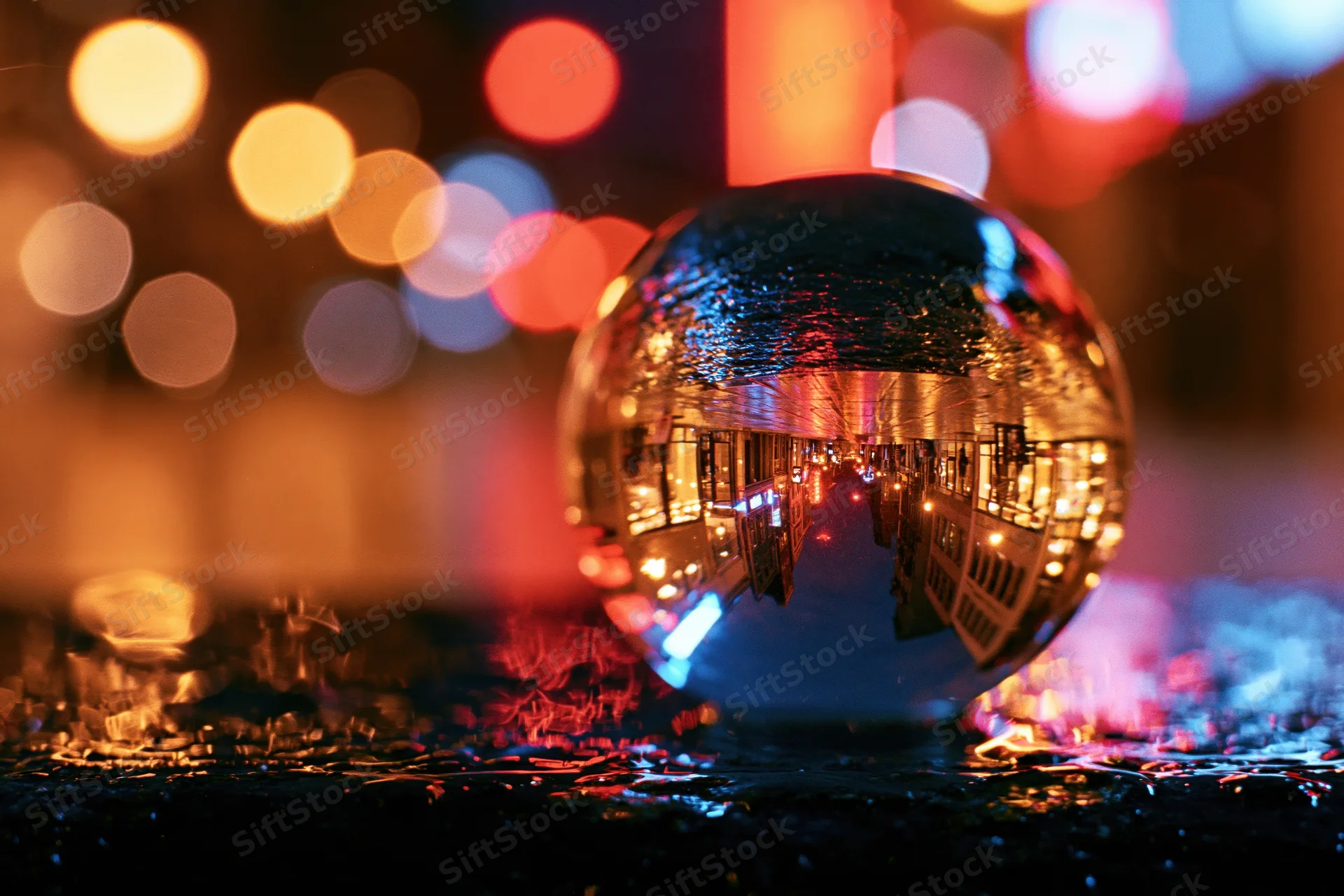 Crystal ball reflecting city lights at night on wet pavement