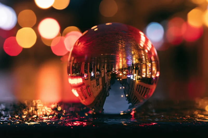Crystal ball reflecting city lights at night on wet pavement