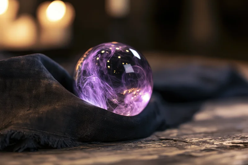 Glowing purple crystal ball resting on dark frayed cloth atop wooden surface
