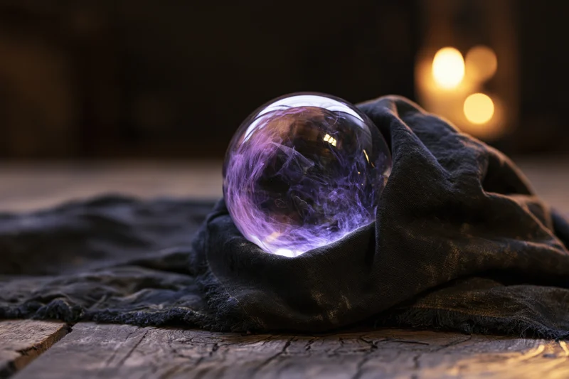 Glowing purple crystal ball resting on dark cloth draped over wooden table with candlelight in background