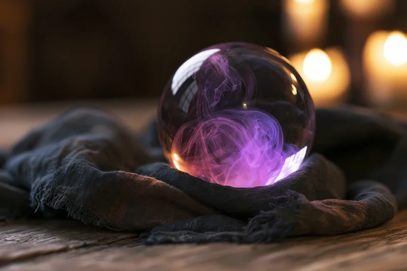 Glowing crystal ball with purple energy swirls resting on dark frayed cloth on wooden table