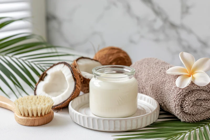 Glass jar of white coconut oil on a ceramic tray with coconuts, towel, brush and frangipani flower