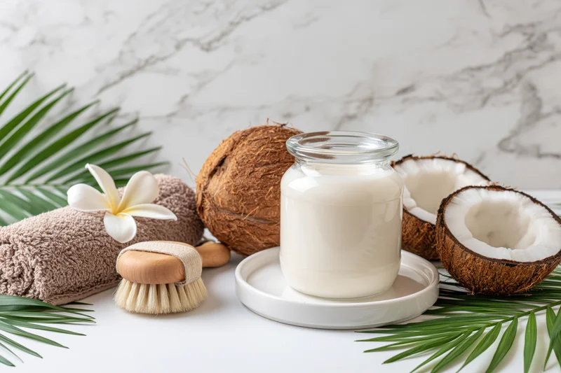 Glass jar of white coconut oil on a ceramic tray surrounded by coconuts, palm leaves, a towel, and a brush