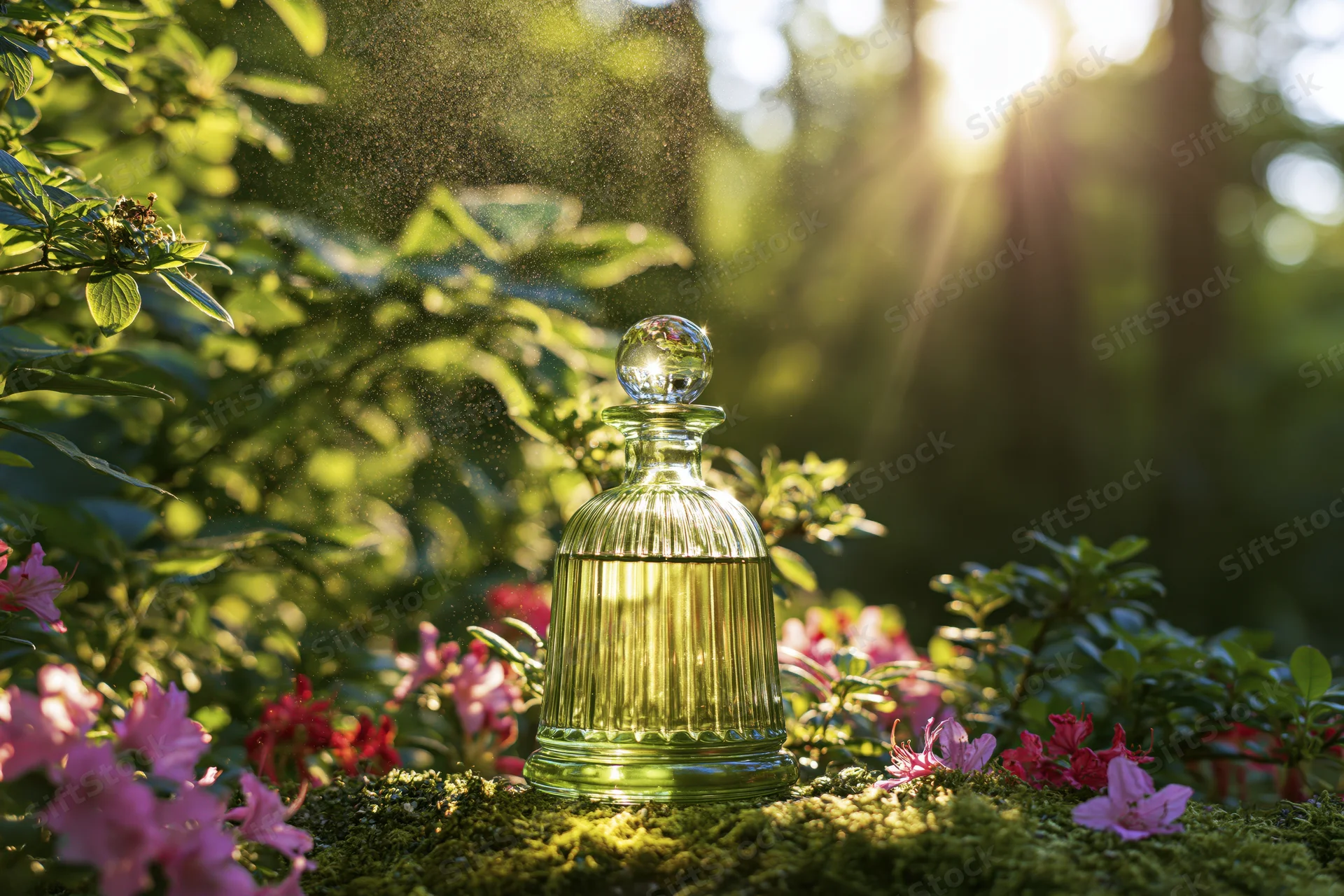 Glass perfume decanter with round stopper on moss surrounded by pink flowers in sunlight