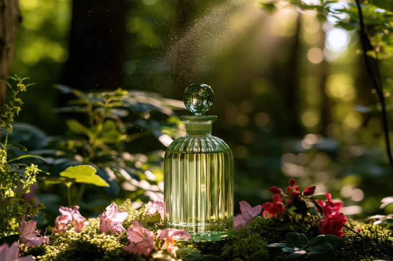 Glass perfume decanter spraying mist on mossy forest floor surrounded by pink and red flowers in dappled sunlight