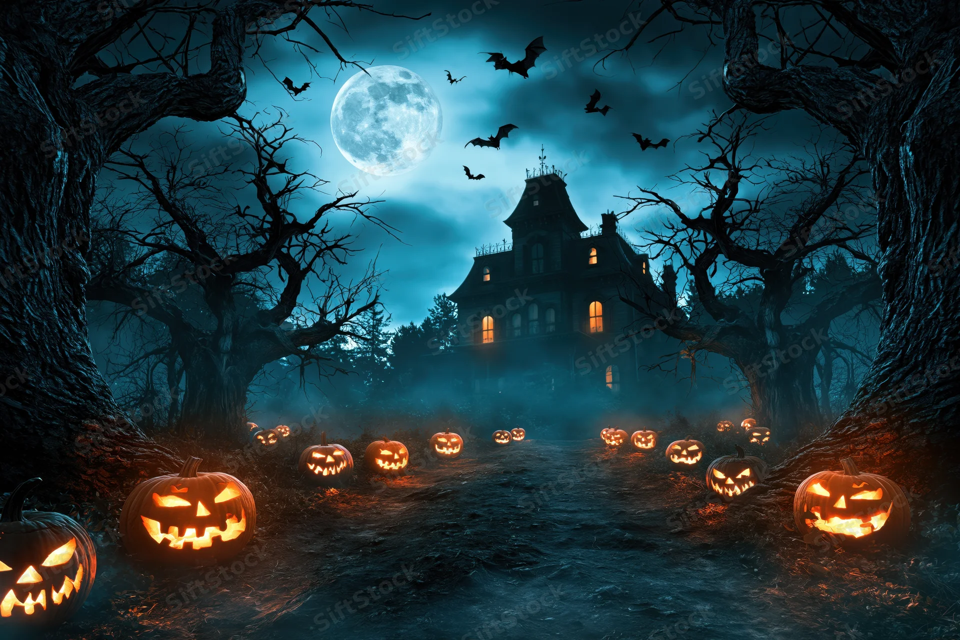 Glowing jack-o-lanterns lining a dirt path leading to a dark haunted house at night