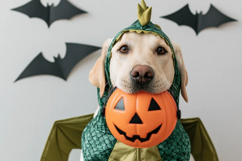 Golden labrador dog in green dragon costume holding orange pumpkin headpiece with bat decorations behind