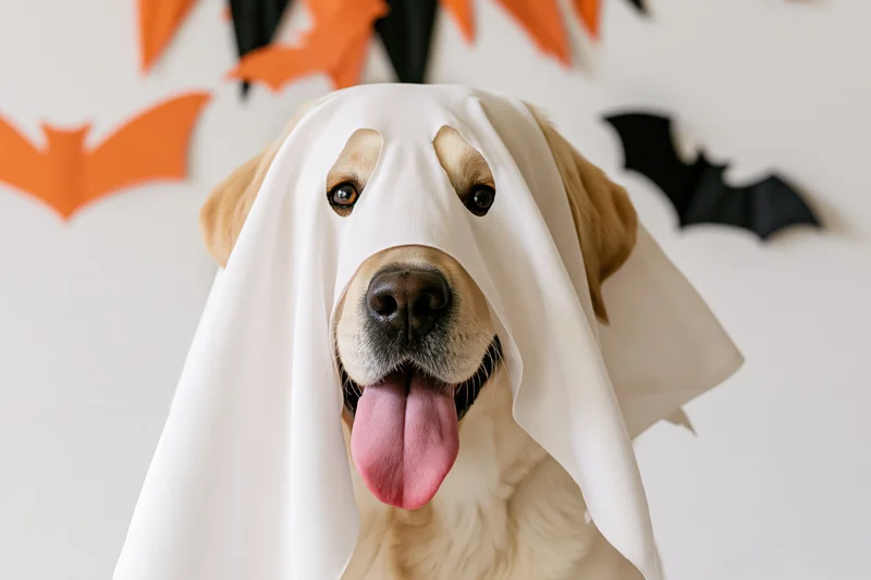Golden labrador dog wearing white sheet ghost costume with tongue out indoors near halloween bat decorations