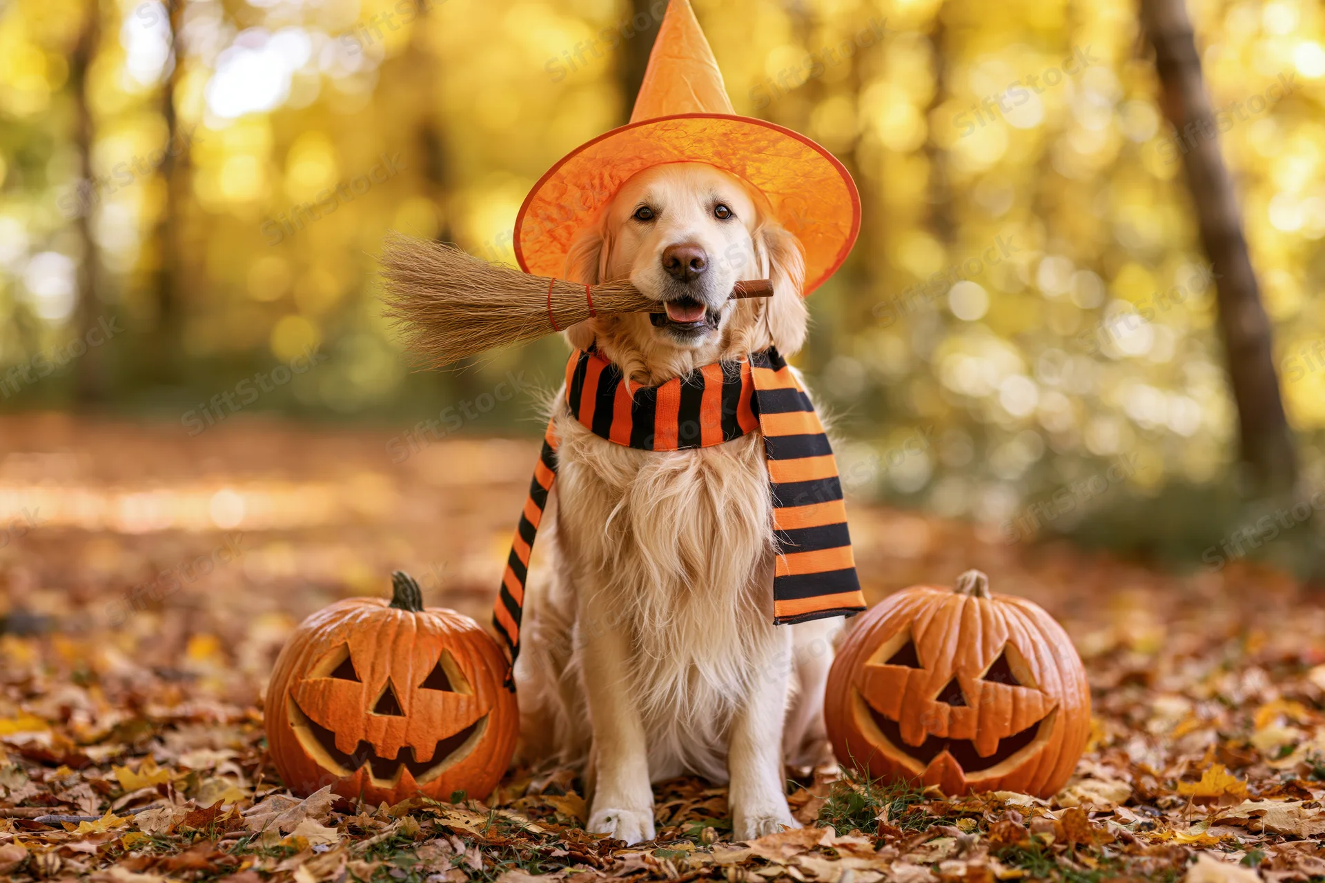 Golden retriever dog in witch costume with broom and pumpkins in autumn forest
