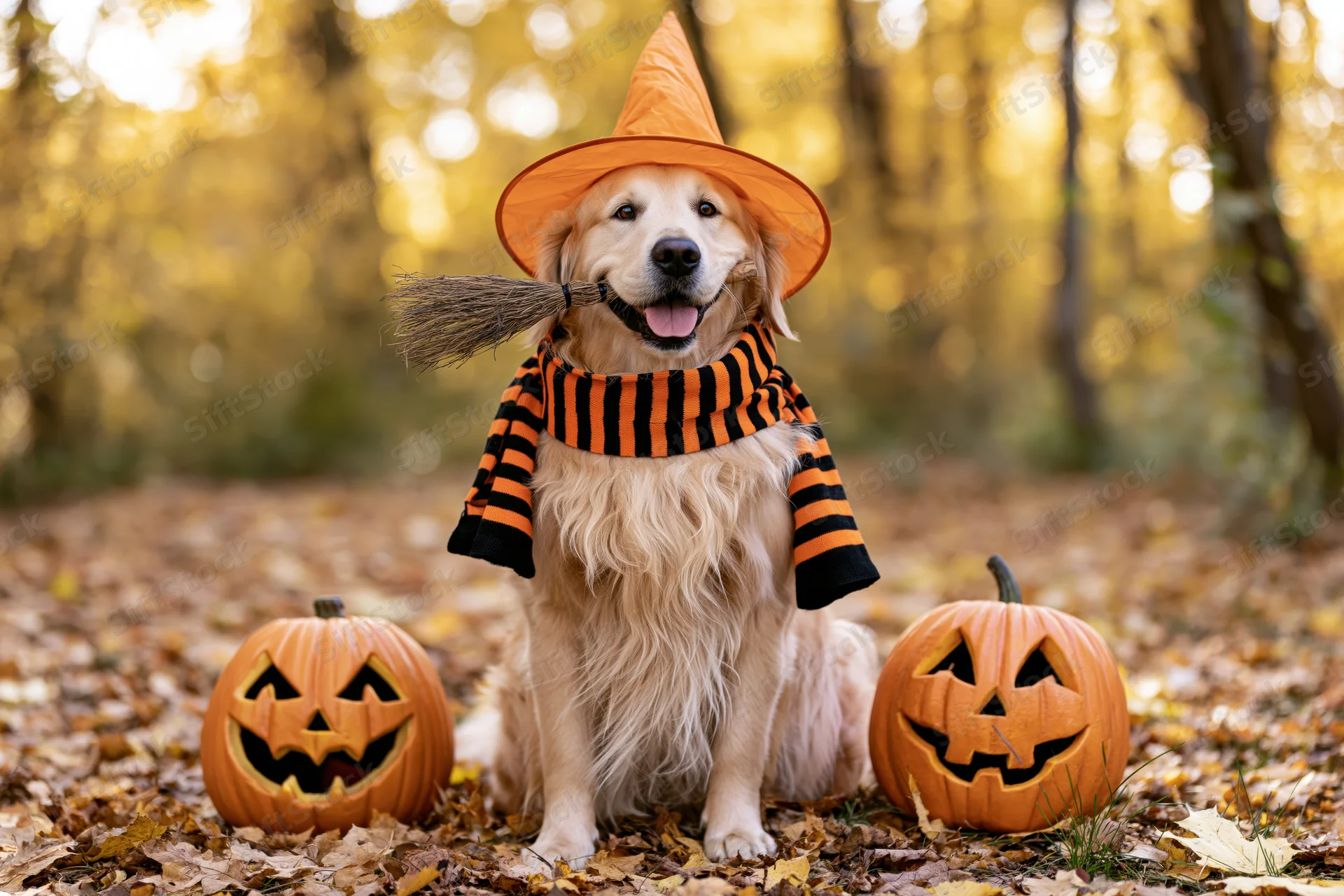 Golden retriever dog in witch costume with broom and jack-o-lanterns in autumn forest