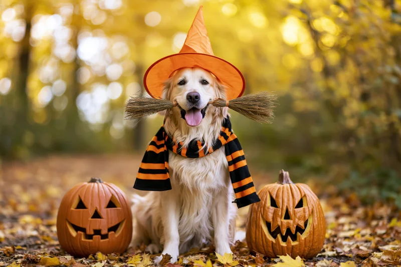 Golden retriever dog in witch costume holding broom between teeth, sitting between carved pumpkins on autumn leaf-covered ground in forest
