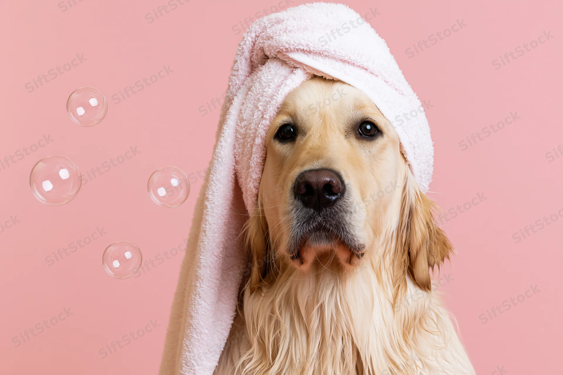 Golden retriever with towel on head and floating bubbles against pink background