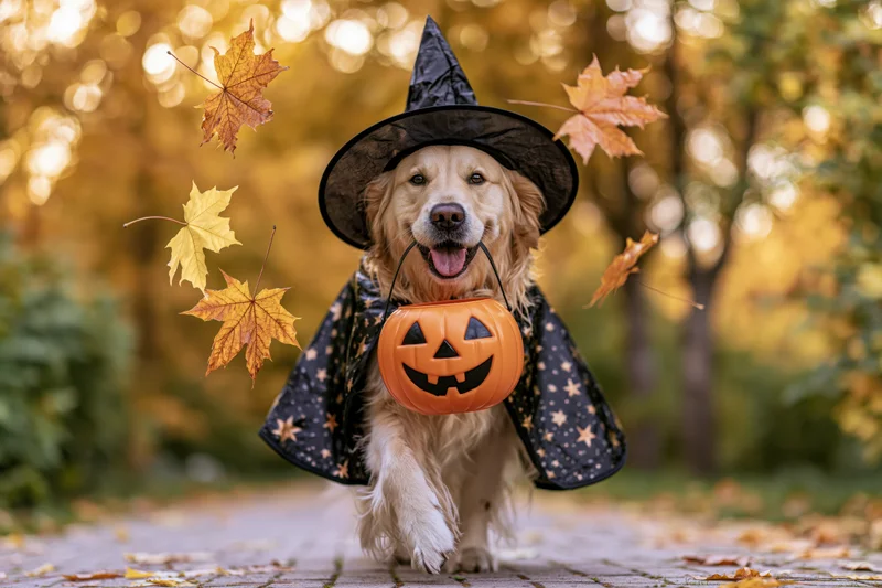 Golden retriever in witch costume carrying jack-o-lantern bucket walking on autumn path
