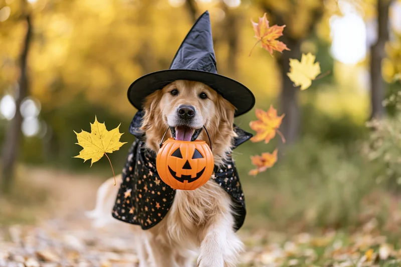 Golden retriever in witch costume running toward camera with jack-o-lantern in mouth in autumn park