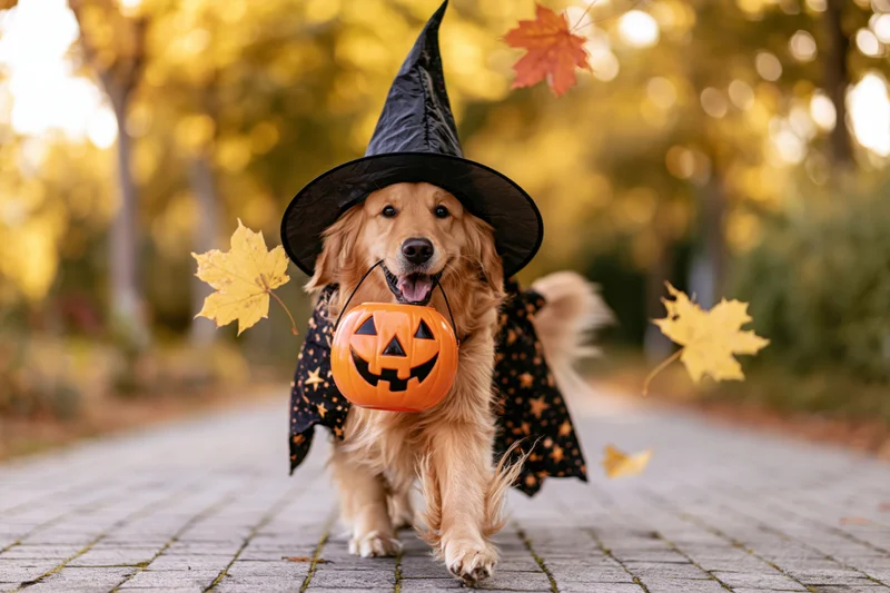 Golden retriever in witch costume running toward camera on autumn pathway with jack-o-lantern in mouth