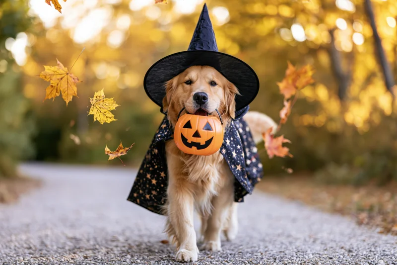 Golden retriever in witch costume walking toward camera on autumn path carrying jack-o-lantern pumpkin