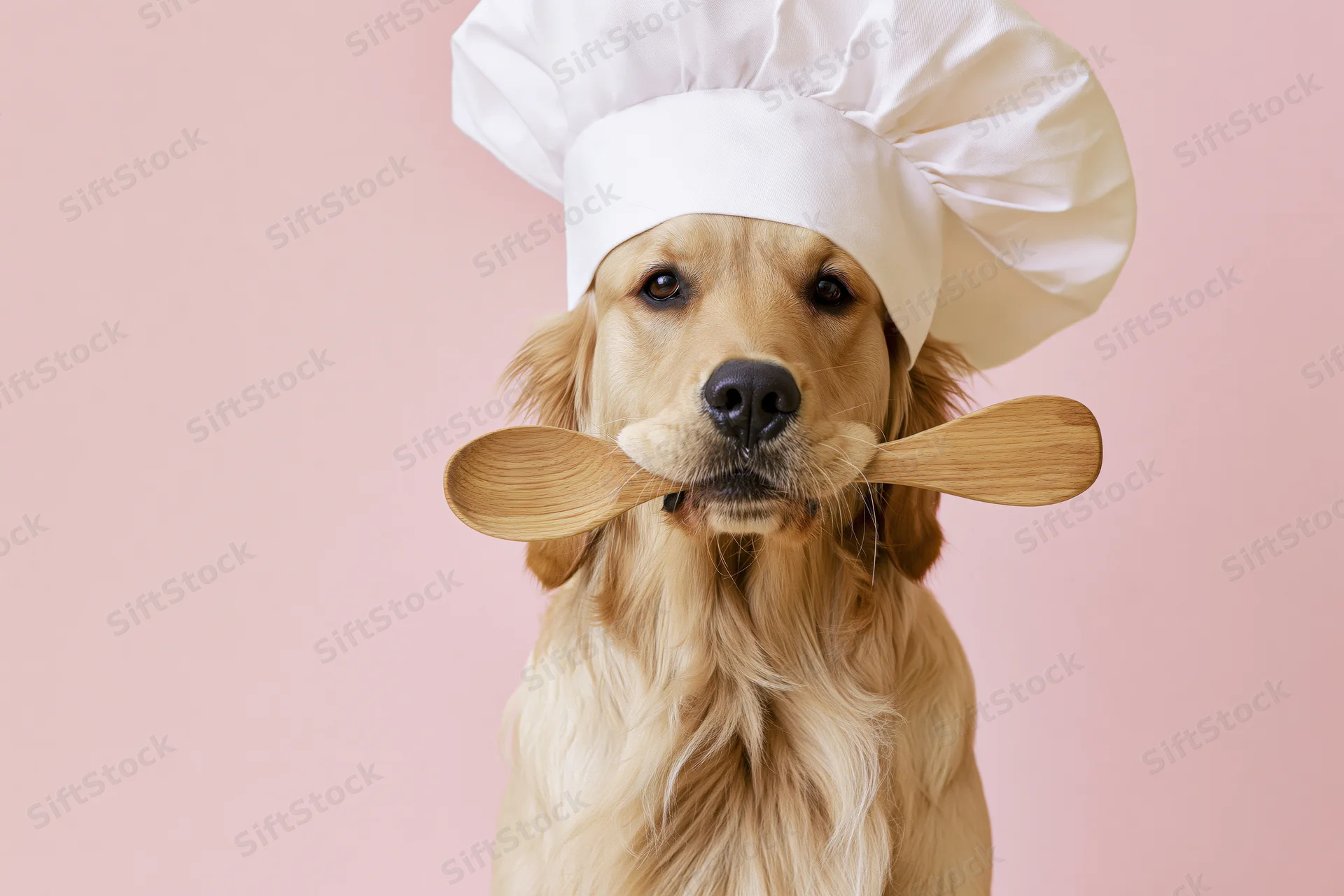 Golden retriever wearing chef's toque with wooden spoon in mouth against pink background