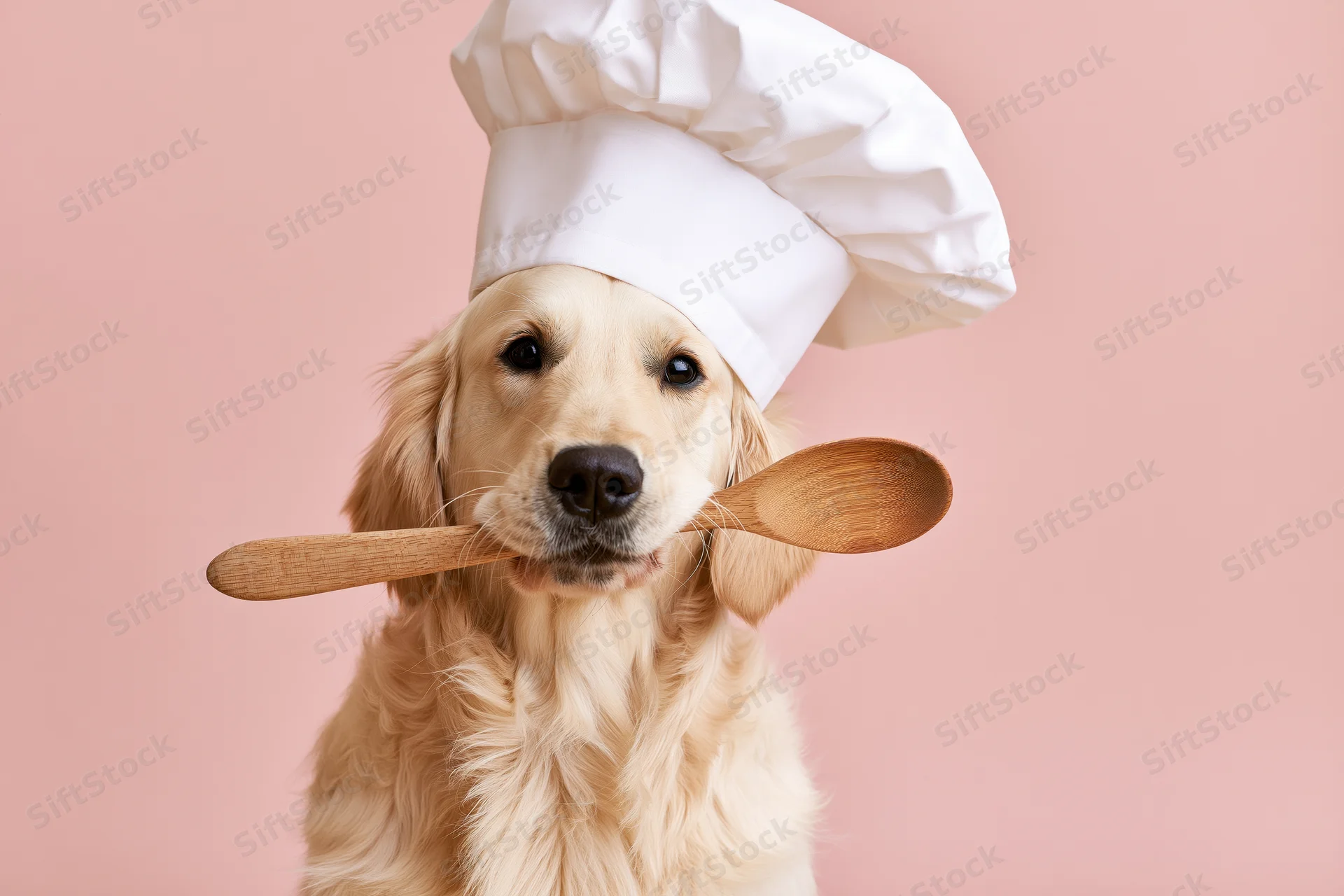 Golden retriever wearing chef's toque and holding wooden spoon against pink background
