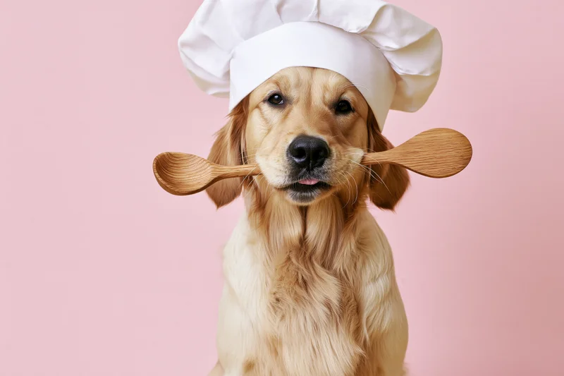 Golden retriever wearing chef's toque with wooden spoon in mouth against pink background