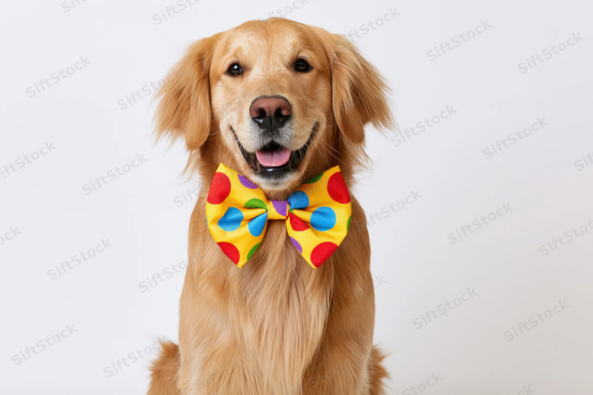 Golden retriever wearing oversized clown bow tie against white background