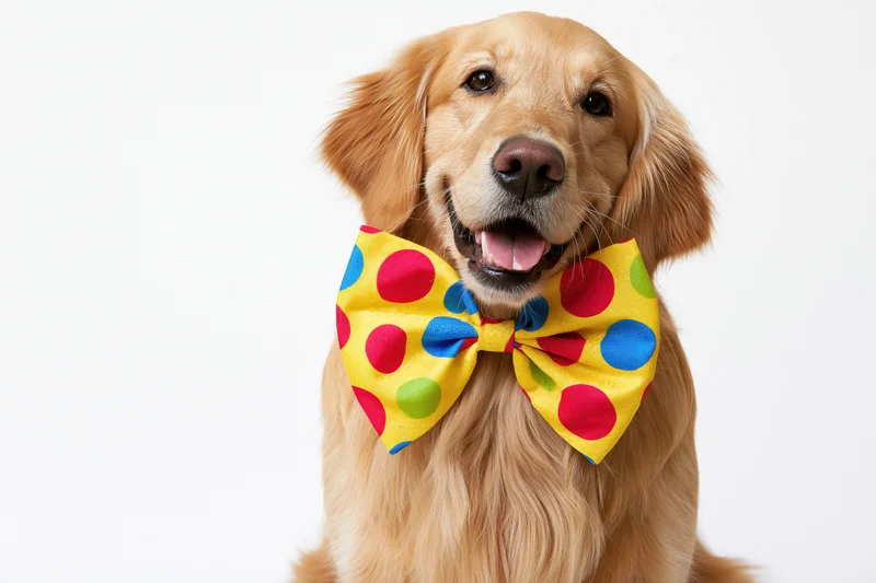 Golden retriever wearing oversized clown bow tie against white background