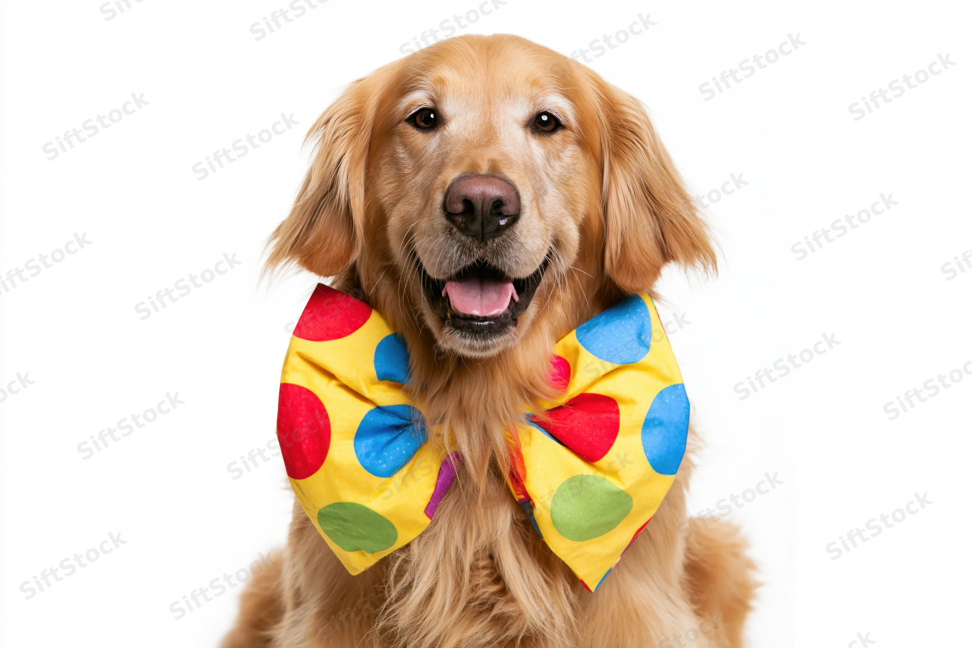 Golden retriever wearing oversized clown bow tie in studio portrait
