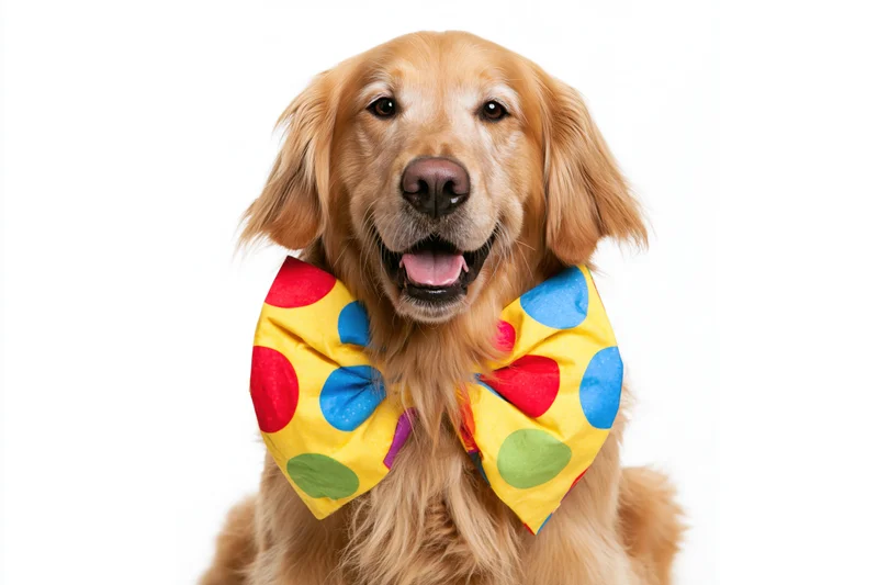 Golden retriever wearing oversized clown bow tie in studio portrait