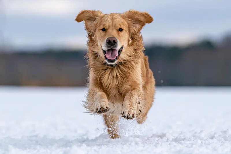 Golden retriever running toward camera in snow