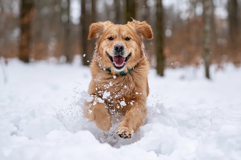 Golden retriever running through deep snow in a snowy forest
