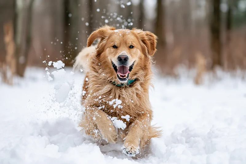 Golden retriever running through deep snow in a forest, mouth open, fur flying, snow splashing around it
