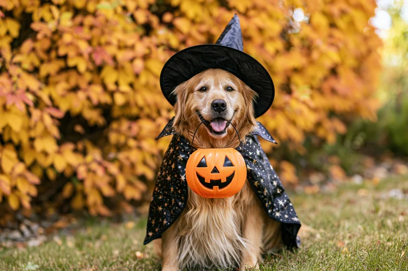 Golden retriever in witch costume holding pumpkin bucket on grass with autumn foliage behind